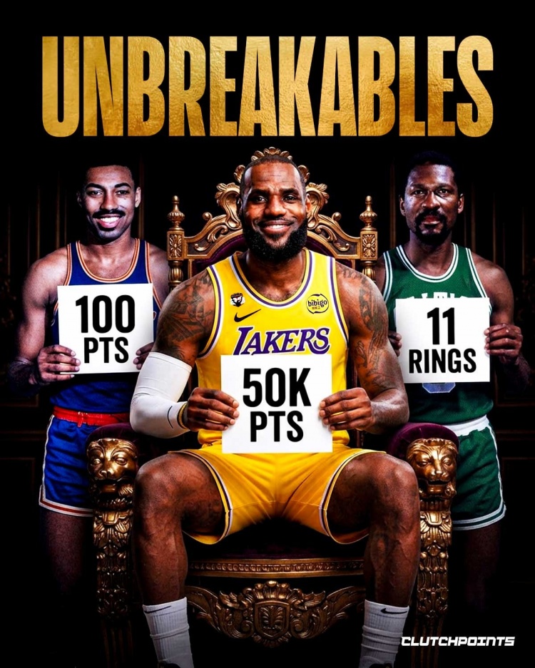 美媒晒NBA不可打破纪录：詹姆斯5万分 拉塞尔11冠&大帅单场100分