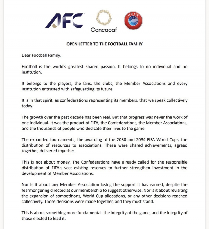 欧/亚/中北美足联联合声明：FIFA并未承认出售提案存在根本性错误